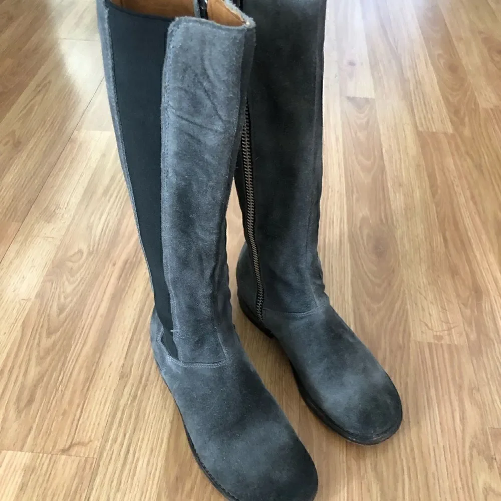 Bed Stu Tall Gray Suede Leather Boots Side Zip